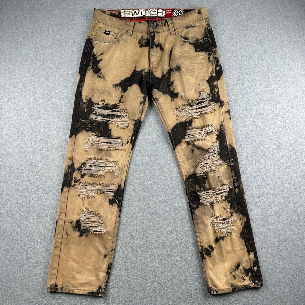 Switch Jeans Mens 34 Premium Denim Tan Black Tie Dye Distressed Straight Pants